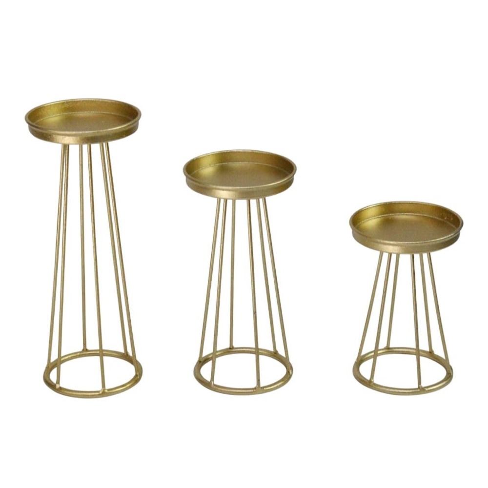 Set of 3 Gold Brushed Metal Candle Holder Stands Varied Heights